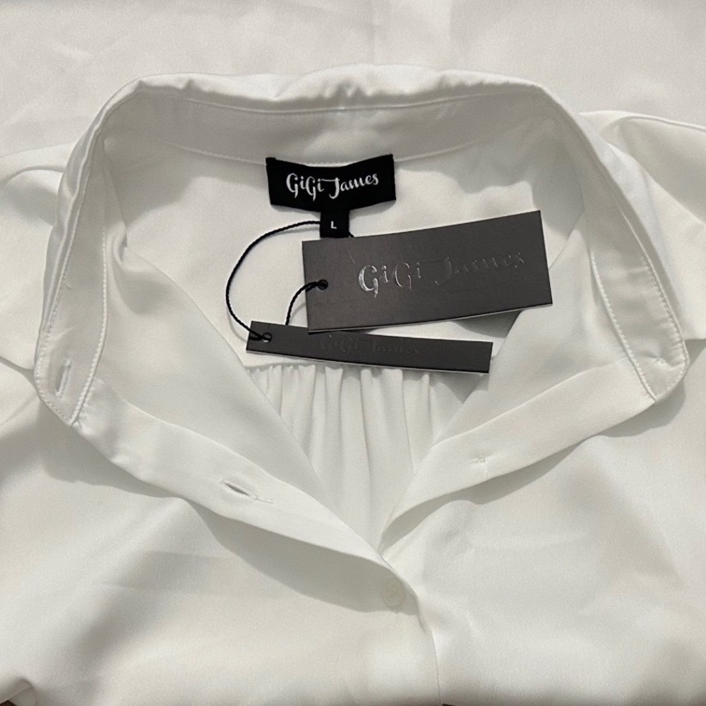 GiGi James Satin Puff Sleeve Button Down Subtle Sheen Blouse Large NWT $345 - Picture 4 of 6